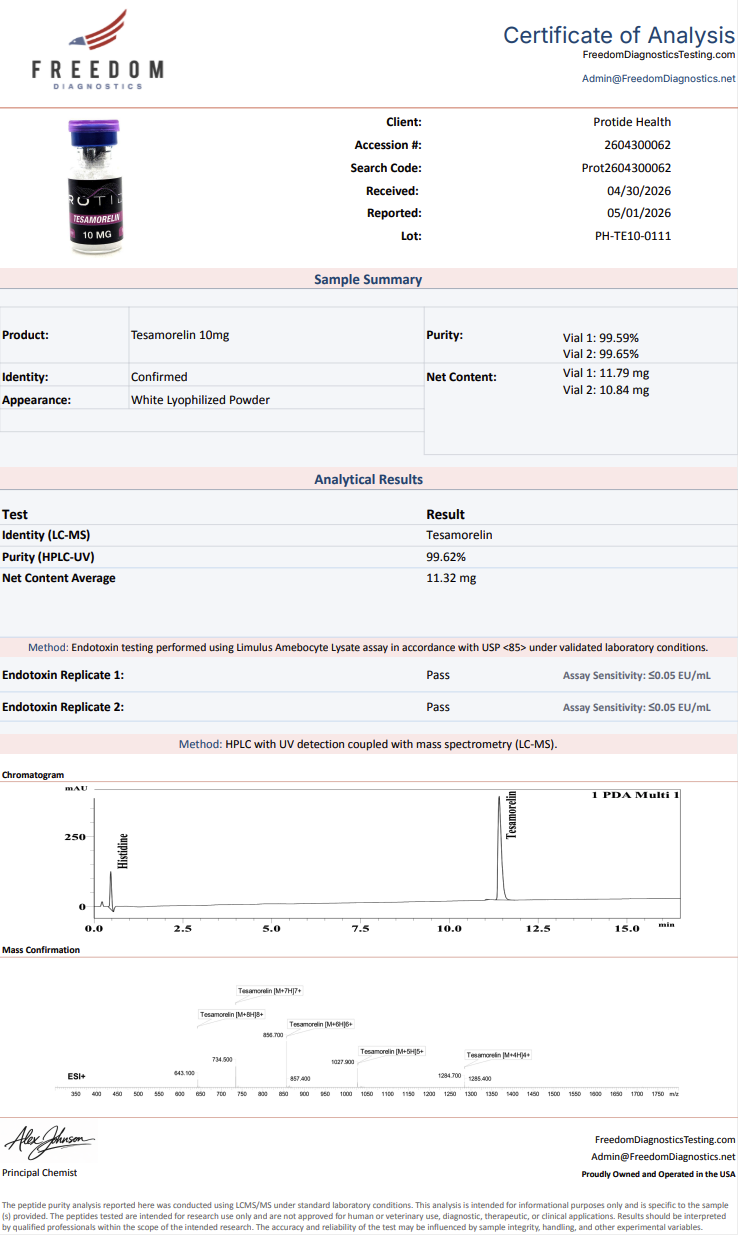 Source COA scan, Tesamorelin 10mg lot PH-TE10-0111