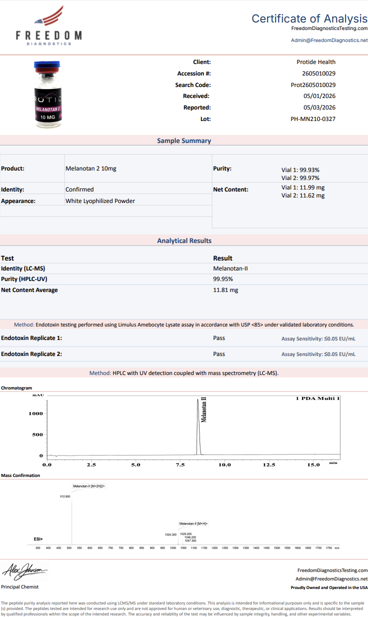 Source COA scan, Melanotan 2 10mg lot PH-MN210-0327