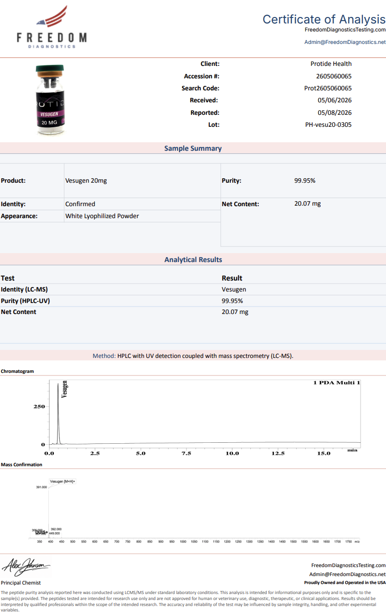 Source COA scan, Vesugen 20mg lot PH-vesu20-0305