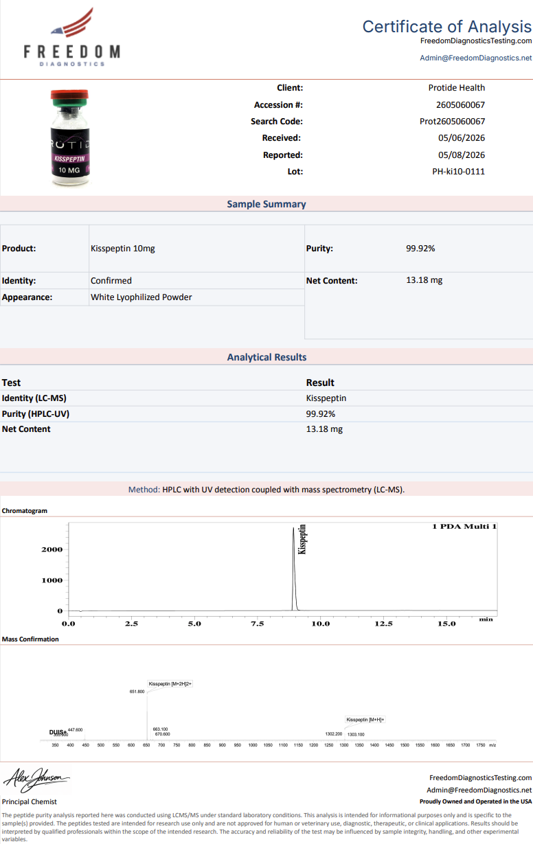 Source COA scan, Kisspeptin 10mg lot PH-ki10-0111