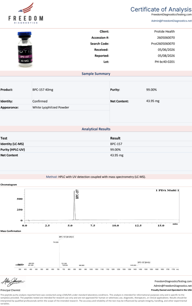 Source COA scan, BPC-157 40mg lot PH-bc40-0201