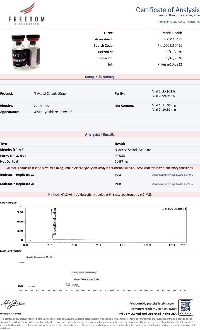 Source COA scan, N-Acetyl Selank 10mg lot PH-nasn10-0322