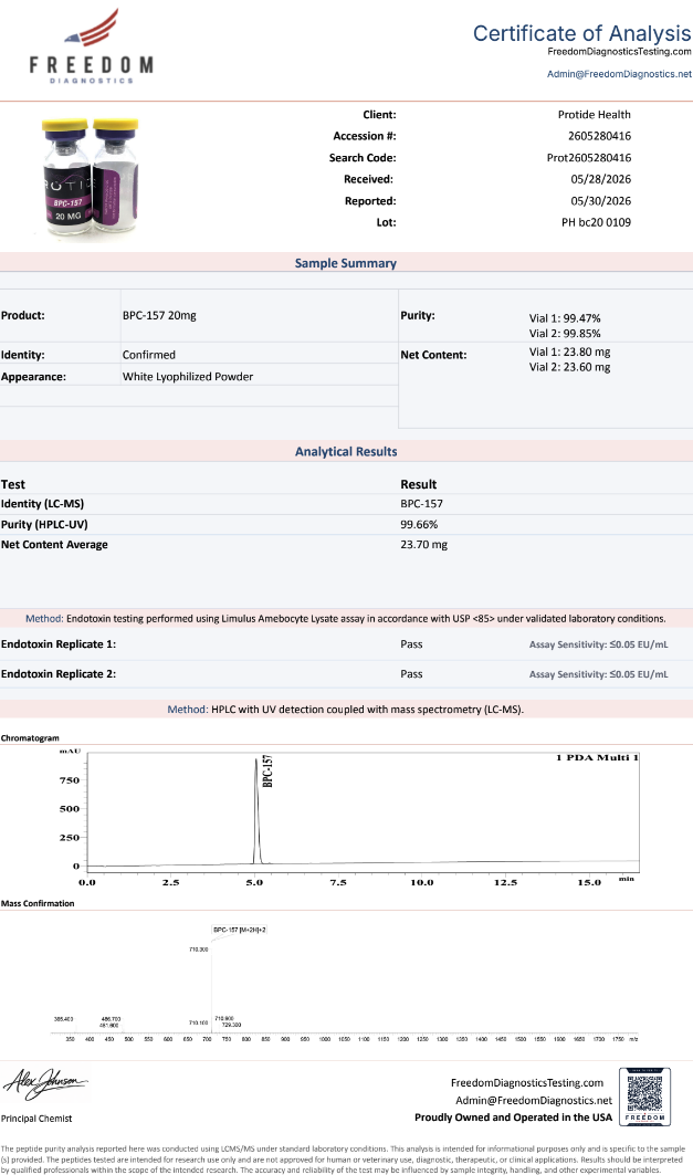 Source COA scan, BPC-157 20mg lot PH bc20 0109