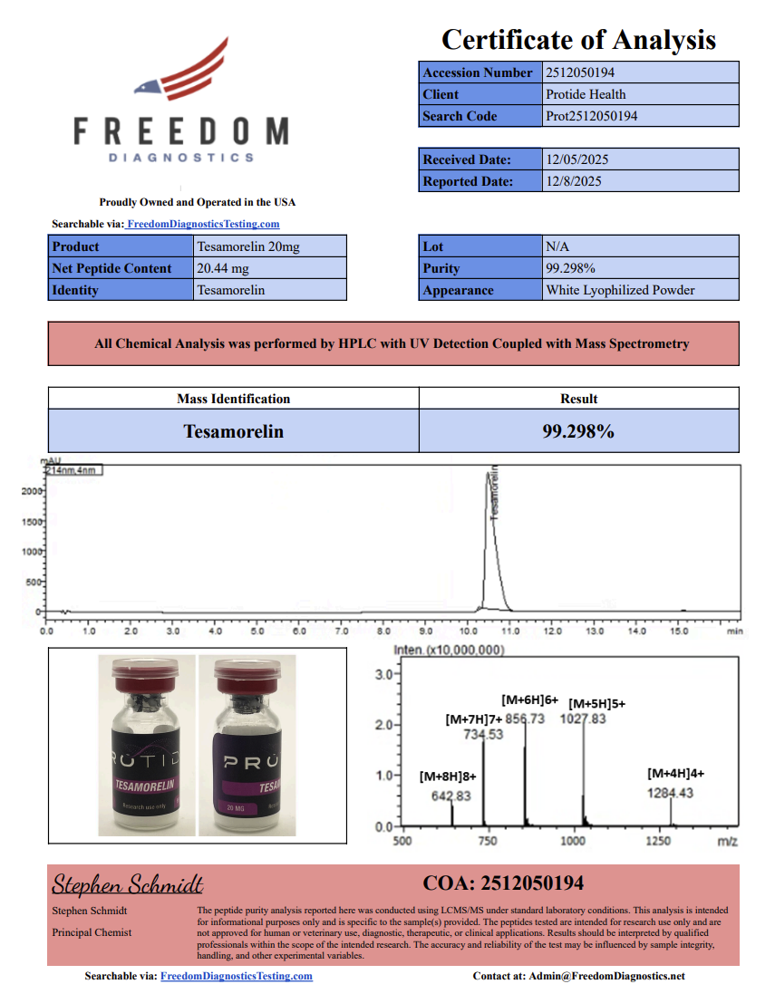 Source COA scan, Tesamorelin 20mg lot N/A