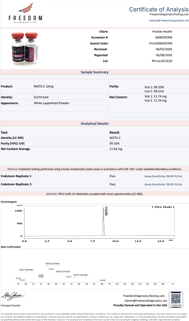 Source COA scan, MOTS-C 10mg lot PH-mc10-0120