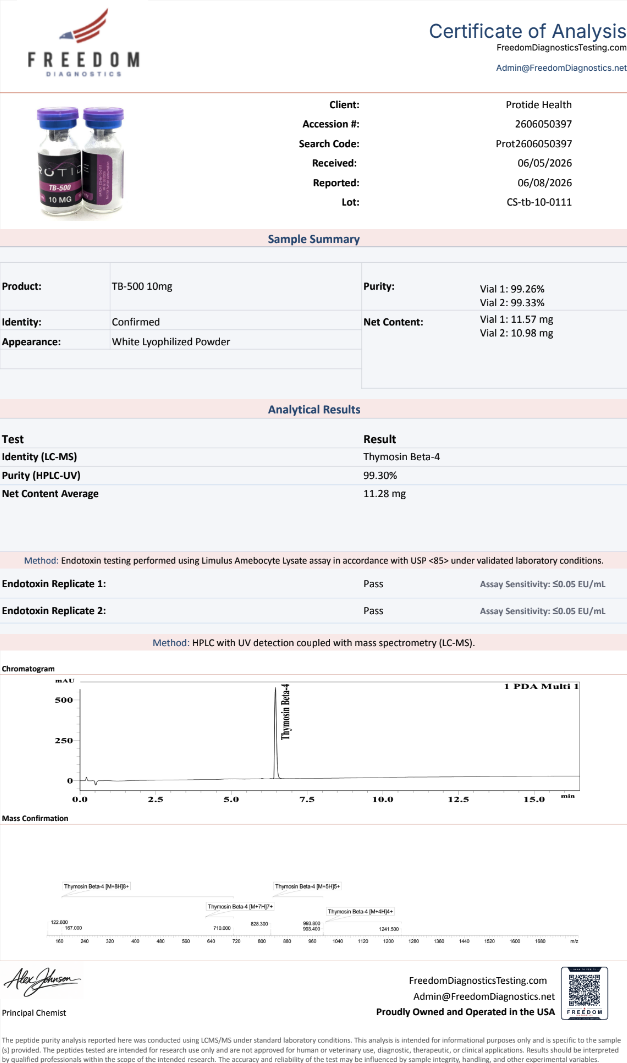 Source COA scan, TB-500 10mg lot CS-tb-10-0111