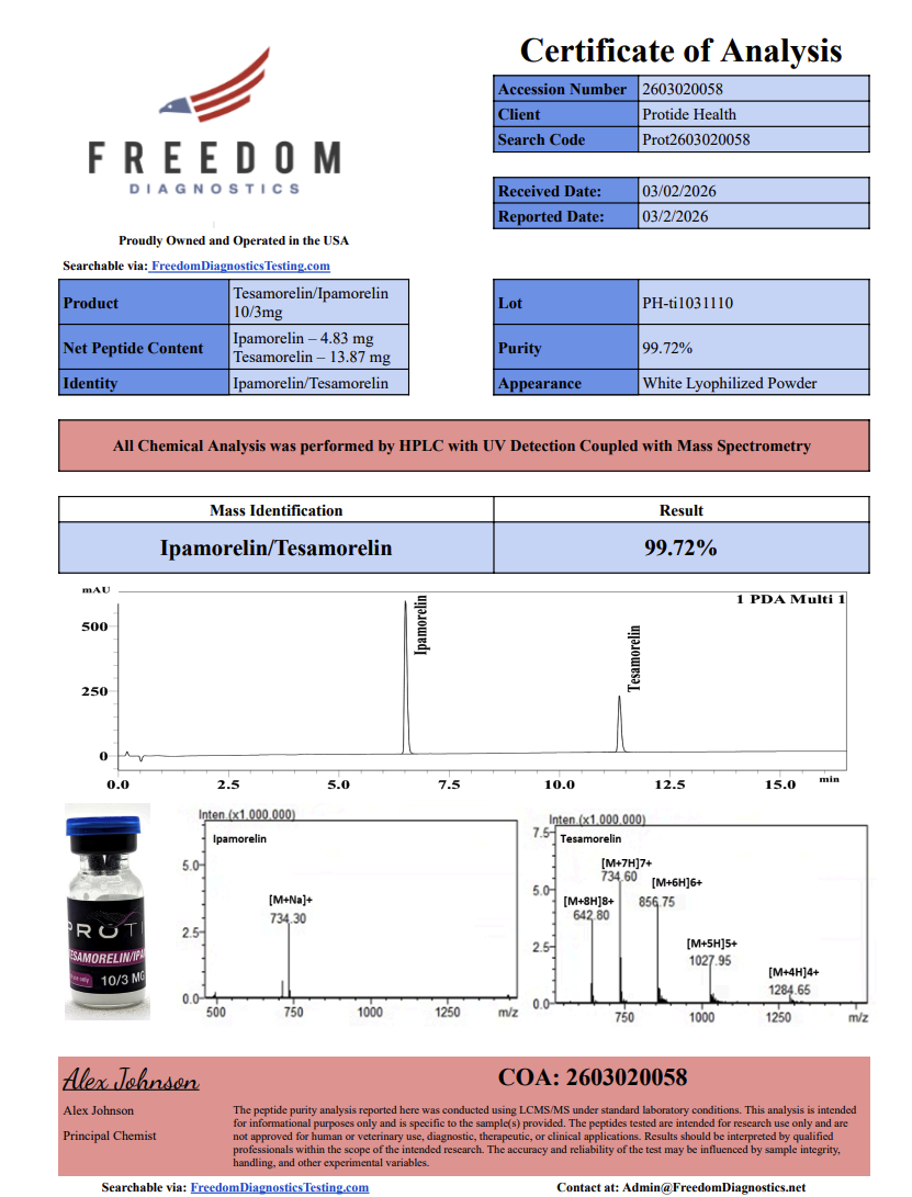 Source COA scan, Tesamorelin/Ipamorelin 10/3mg lot PH-ti1031110