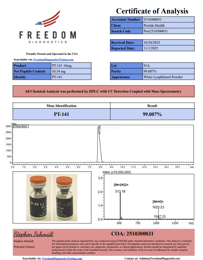 Source COA scan, PT-141 10mg lot N/A