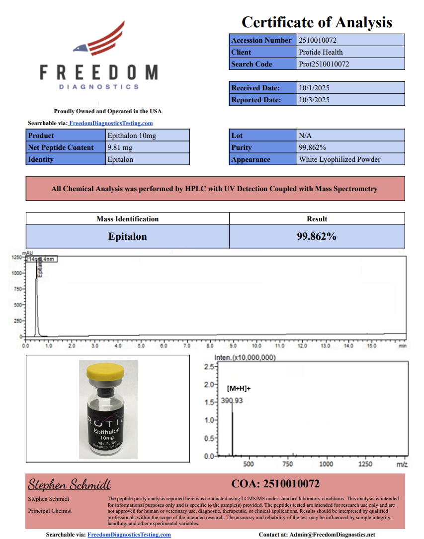 Source COA scan, Epithalon 10mg lot N/A