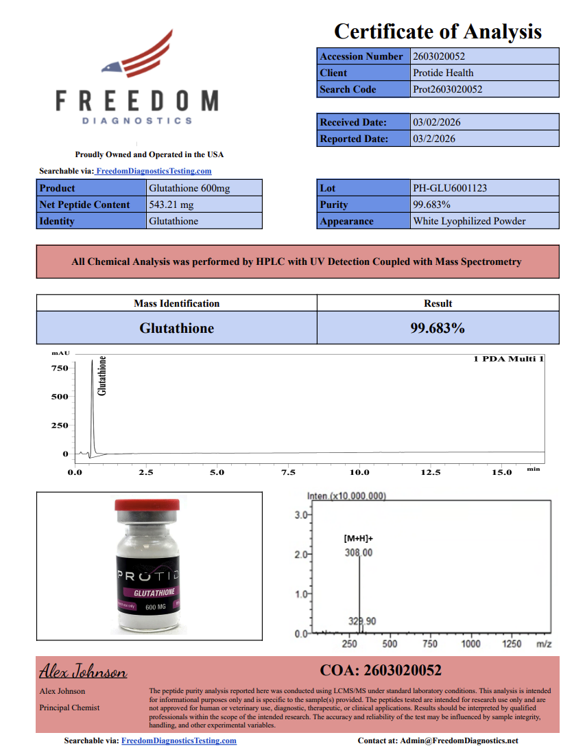 Source COA scan, Glutathione 600mg lot PH-GLU6001123