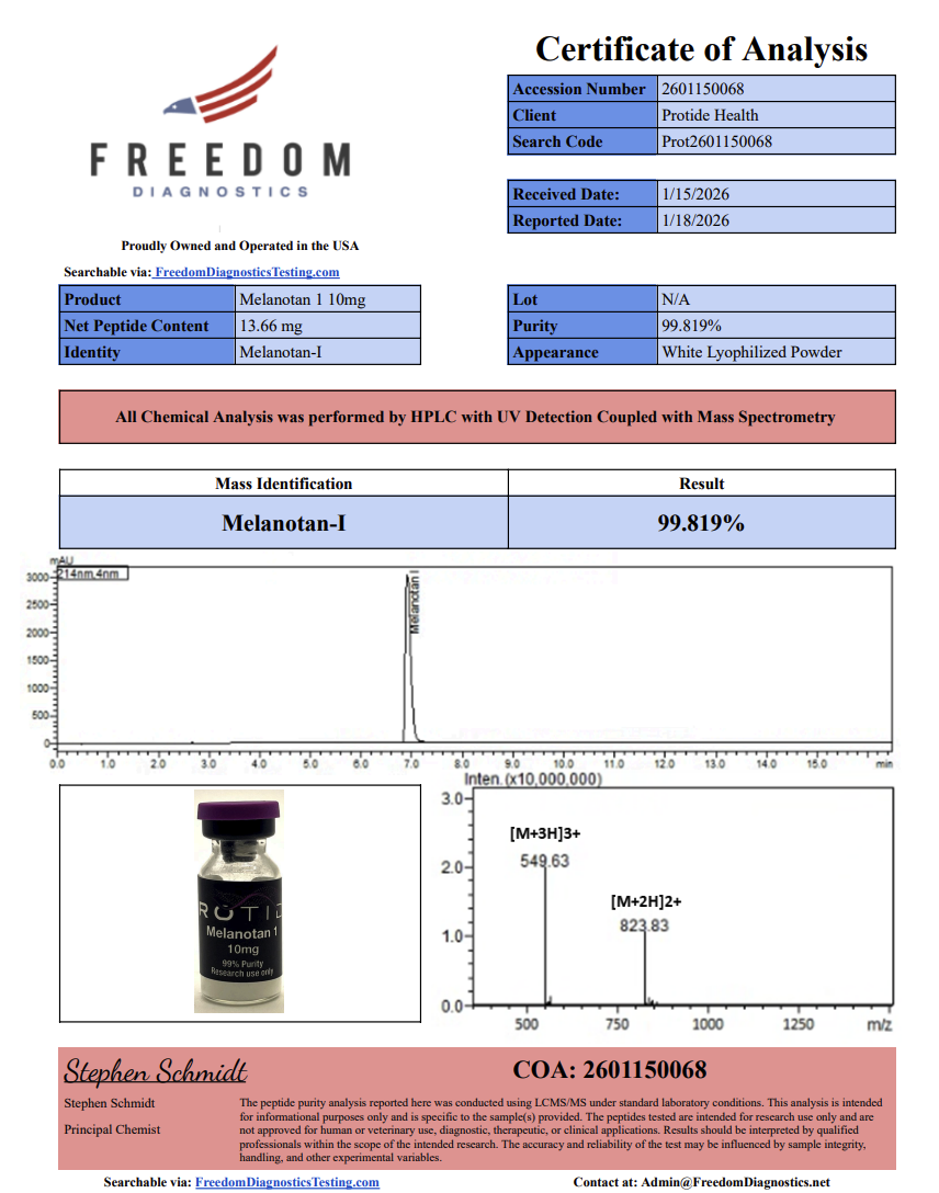 Source COA scan, Melanotan 1 10mg lot N/A
