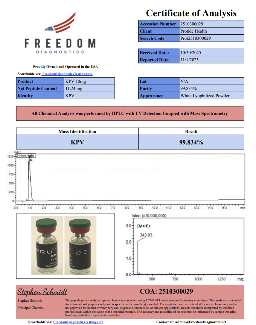 Source COA scan, KPV 10mg lot N/A