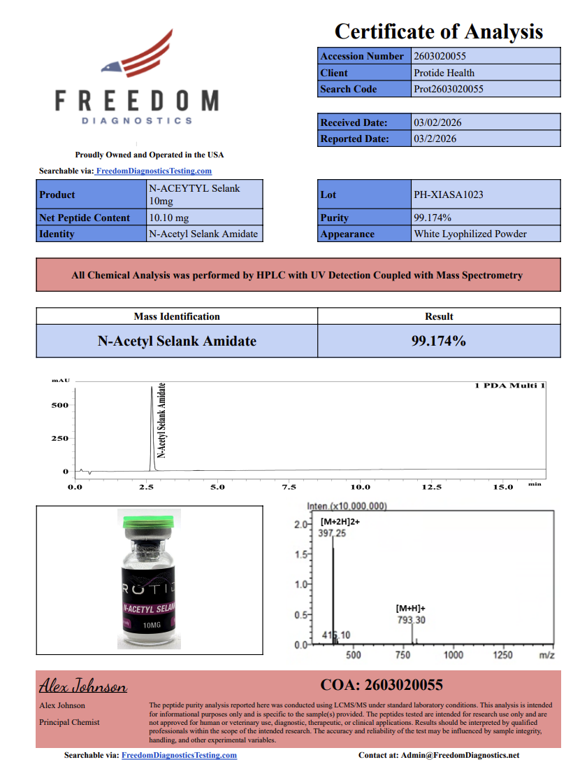 Source COA scan, N-Acetyl Selank 10mg lot PH-XIASA1023
