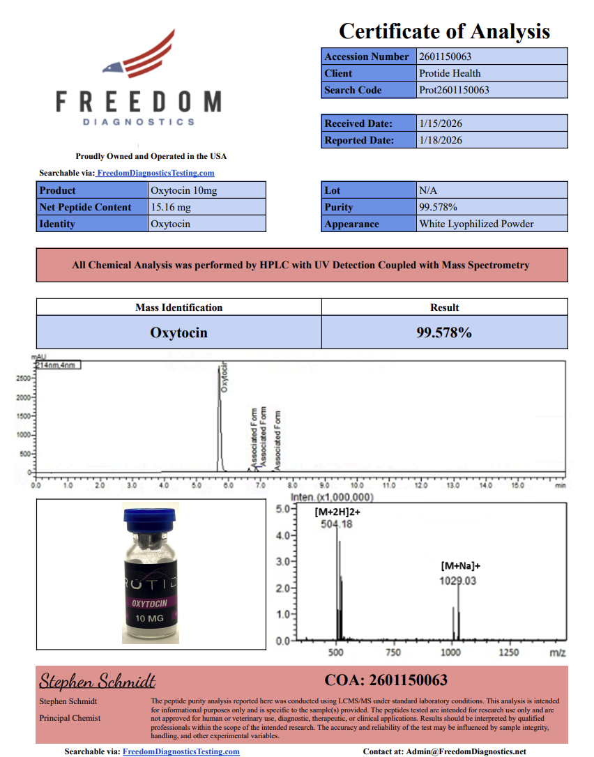 Source COA scan, Oxytocin 10mg lot N/A