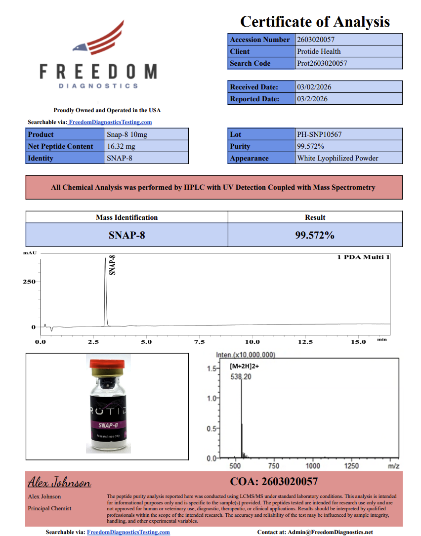Source COA scan, Snap-8 10mg lot PH-SNP10567