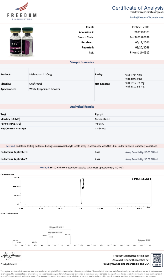Source COA scan, Melanotan-1 10mg lot PH-mn110-0312