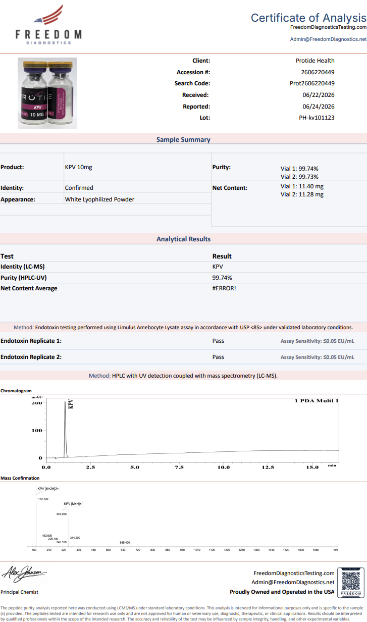 Source COA scan, KPV 10mg lot PH-kv101123