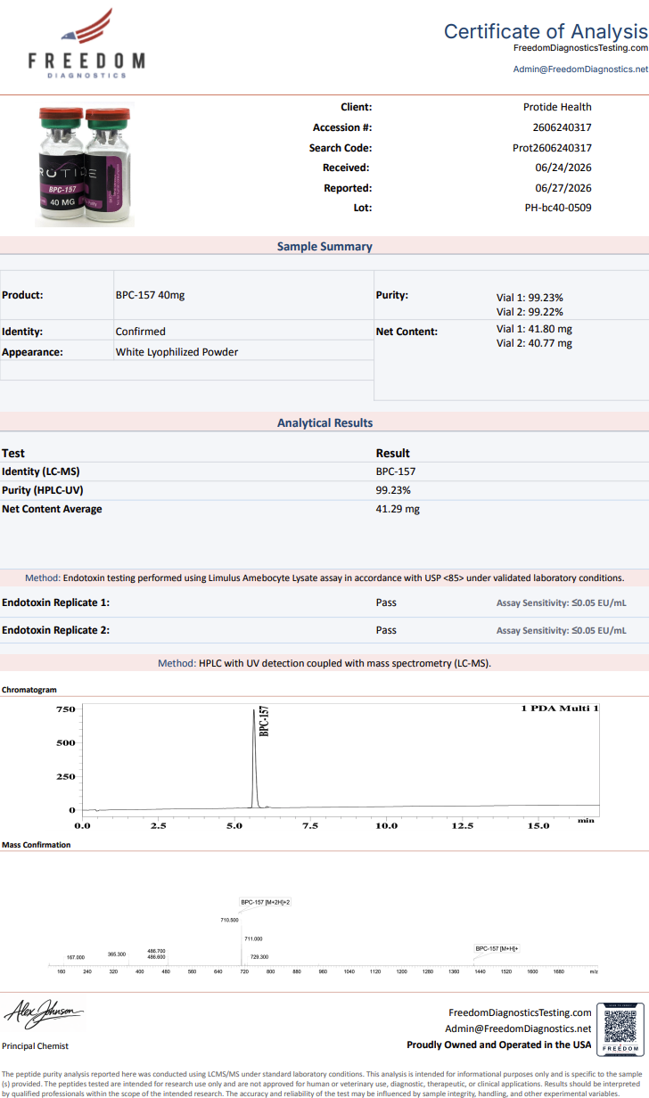 Source COA scan, BPC-157 40mg lot PH-bc40-0509
