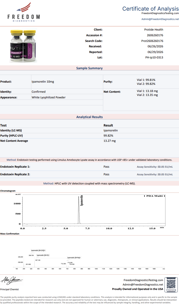 Source COA scan, Ipamorelin 10mg lot PH-ip10-0313