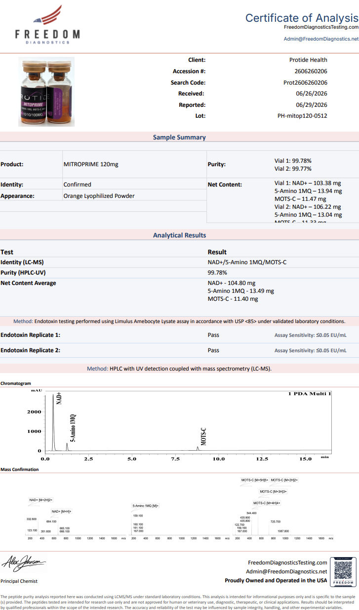 Source COA scan, Mitoprime 120mg (NAD+/5-Amino 1-MQ/MOTS-C) lot PH-mitop120-0512