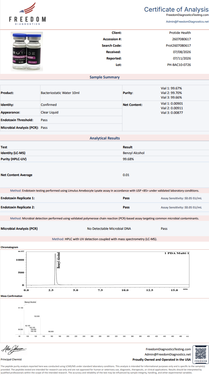Source COA scan, 0.9% Benzyl Alcohol 10ml lot PH-BAC10-0726