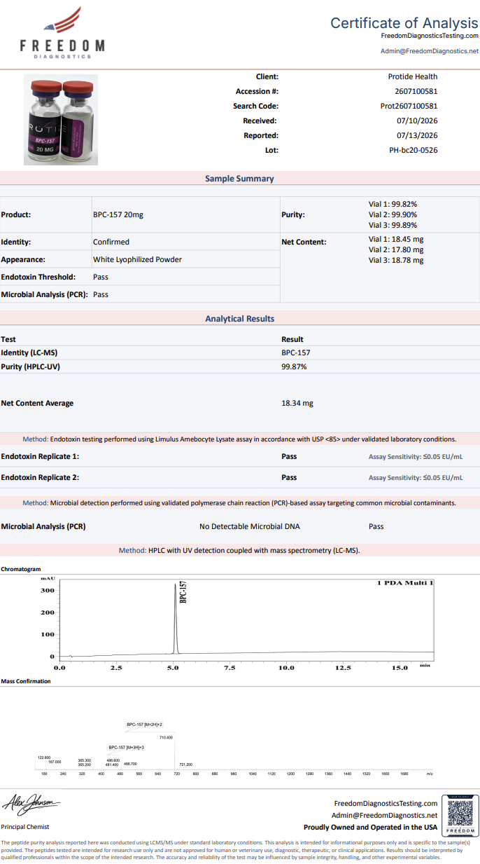 Source COA scan, BPC-157 20mg lot PH-bc20-0526