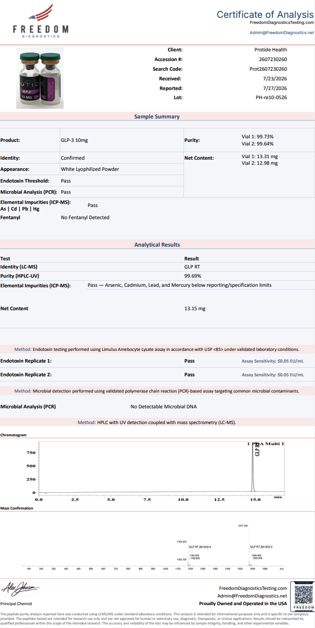 Source COA scan, GLP-3 10mg lot PH-re10-0526