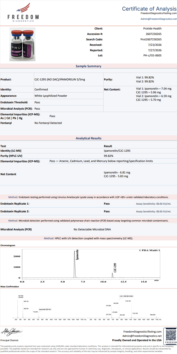Source COA scan, CJC-1295 (NO DAC)/Ipamorelin 5/5mg lot PH-c/i55-0605